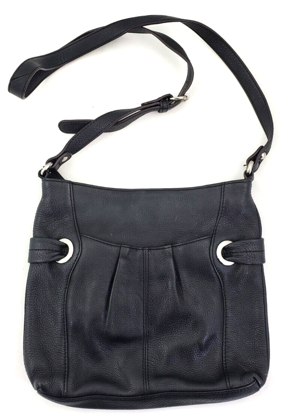Tignanello Used Black Pebbled Leather Crossbody Pleated Shoulder Bag Grommet